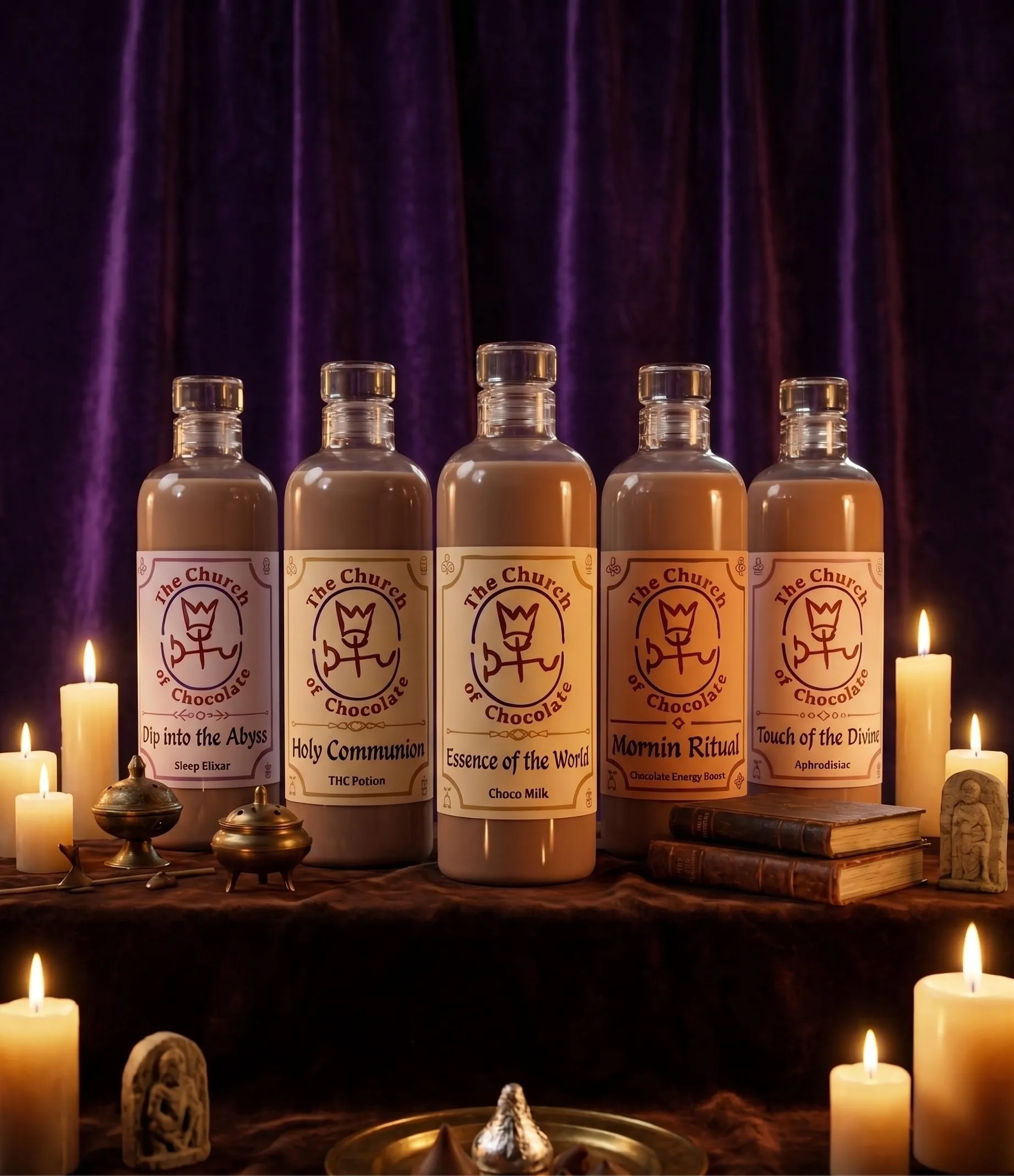 Five bottles of The Church of Chocolate lined up in a row
