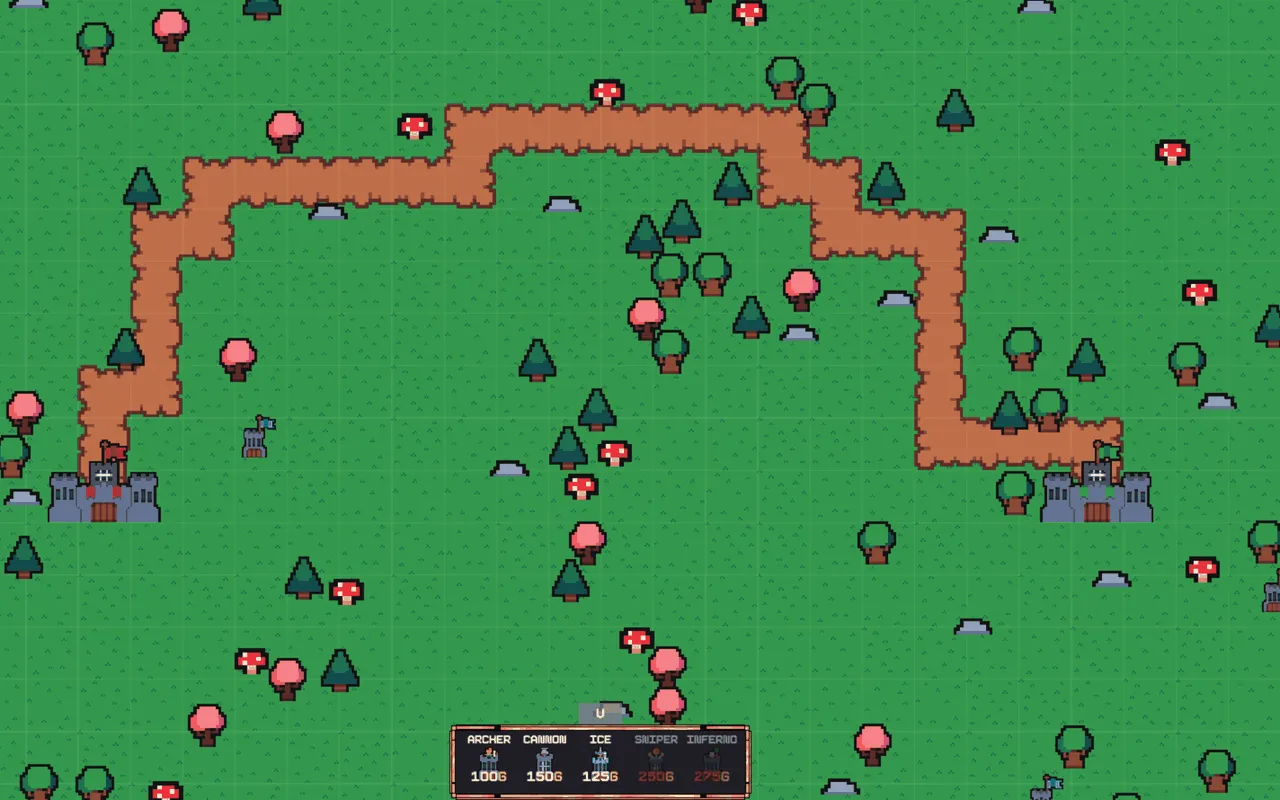 A screenshot of a pixel-art tower defense game with two castles and a winding path.